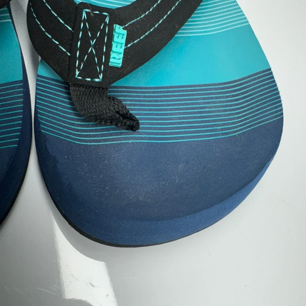 Reef Flip Flops Sandals Youth Kids Size 2/3 Blue‎ Green Stripe Beach Pool